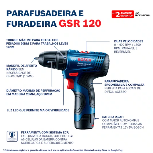Kit Bosh Furadeira/Parafusadeira 12V+ 2 Baterias 2 Ah+ Carregador Bivolt E Maleta - 06019G80E0 - Bosch