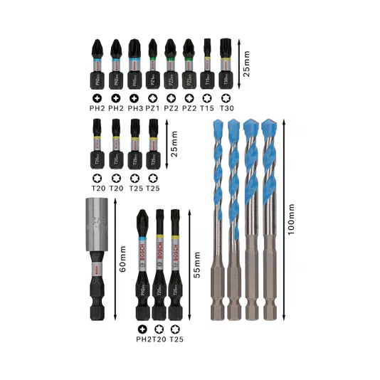 Bosch Conjunto De Brocas E Bits Pro Impact Com 20 Peças - 2608521U83