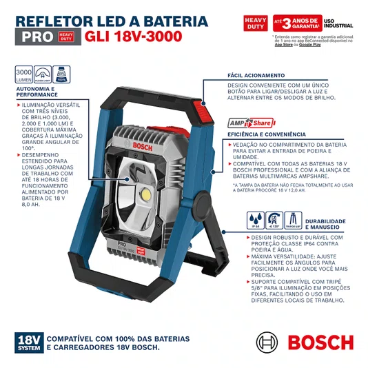 Bosch Gli 18V-3000 Refletor 18V 3000Lm - 06014A81E0
