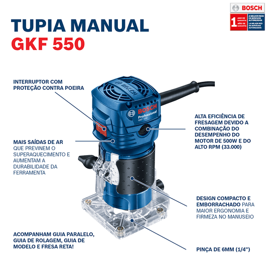 Tupia Bosch Gkf 550 550W 220V Com 2 Pinças - Bosch