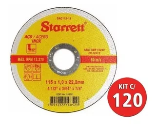KIT COM 120 Discos Abrasivo De Corte 115X1.0X22.2Mm Starret - Dac115-14